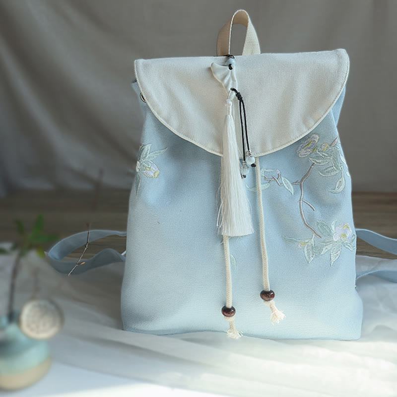 Handgemachter, bestickter Canvas-Rucksack mit Buddha Stones und großer Kapazität - Weiße Teeblüte - image 26