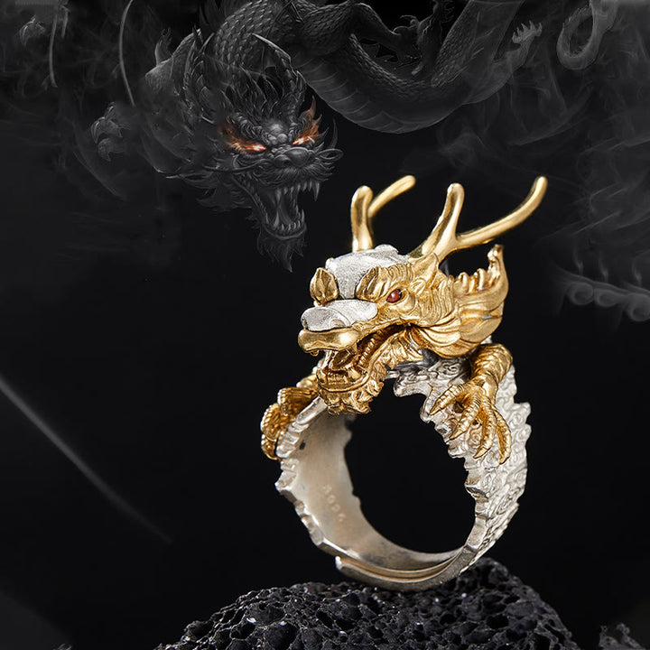 Buddha Stones 925 Sterling Silber Drache Glück Erfolg Schutz Verstellbarer Ringanhänger - image 1