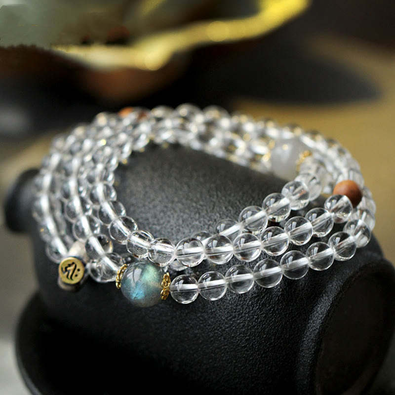 Buddha Stones 925 Sterling Silber Chinesisches Sternzeichen Natal Buddha Weiß Kristall Meditation Dreifach gewickeltes Armband - Hund/Schwein-Amitabha Buddha - image 0