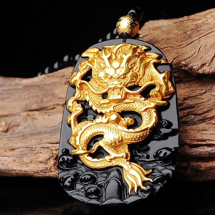 Buddha Stones 18 Karat vergoldete Drachen-Obsidian-Glücksanhänger-Halskette