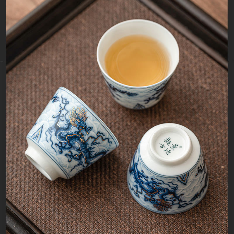 Buddha Stones Kleine blau- Weiß Drachenmuster-Keramik-Teetasse, Kung-Fu-Teetassen, 45 ml