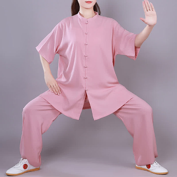 Tai Chi Qigong Meditation Gebet Spirituelle Zen Praxis Unisex Baumwoll-Leinen-Kleidungsset - Rosa - Kurzarm - US14， UK/AU18，EU46 (3XL)  - image 9