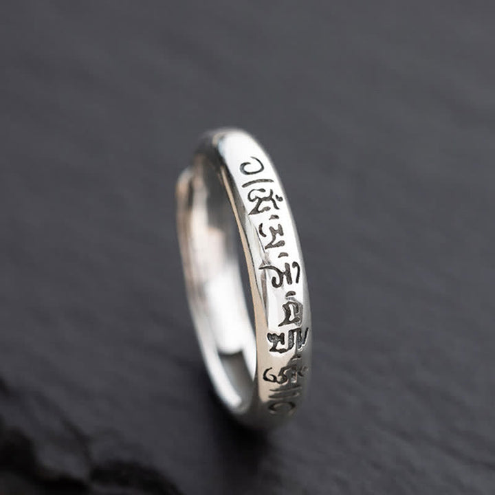 Buddha Stones 990 Sterling Silber Sechs wahre Worte Om Mani Padme Hum Love Peace Ring