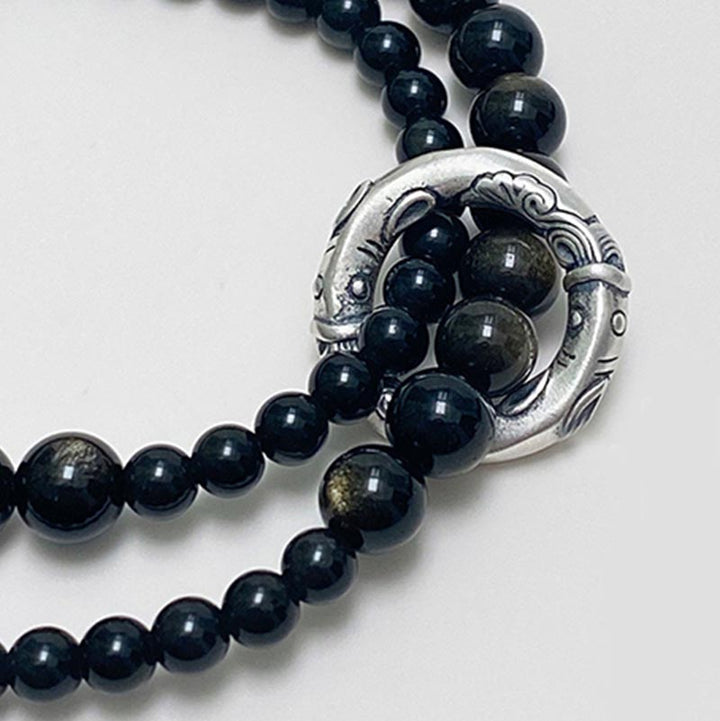 Buddha Stones Armband aus 999er-Sterlingsilber mit schwarzem Obsidian Fulfillment Strength, doppellagig