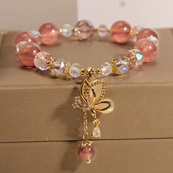 Buddha Stones Armband mit natürlichem Erdbeerquarz, heilendem positiven Schmetterlings-Charm