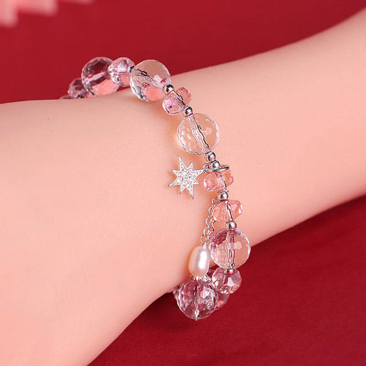 Buddha Stones Armband mit Charms , Weiß Kristall, rosa Kristall, Schutzstern