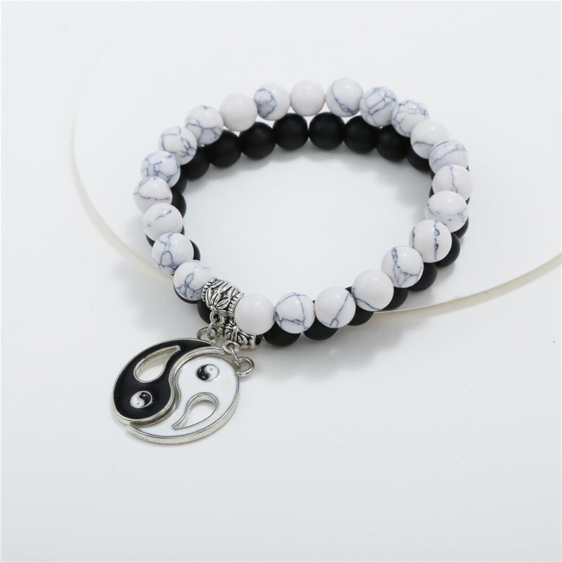 Buddha Stones 2 Stück natürliches schwarzes Onyx- Weiß -Türkis-Perlen-Yin-Yang-Paar-Armband - image 5