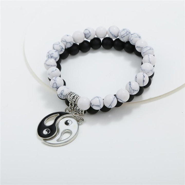 Buddha Stones 2 Stück natürliches schwarzes Onyx- Weiß -Türkis-Perlen-Yin-Yang-Paar-Armband - image 5