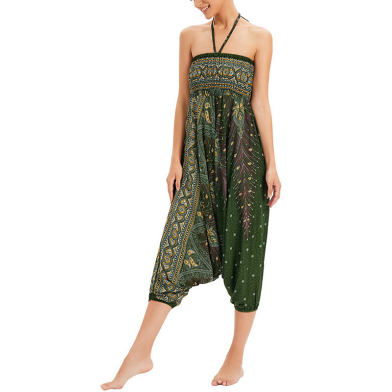 Buddha Stones Zwei Stile Tragen Pfauenfeder Lockere gesmokt Haremshose Overall Hohe Taille Hose