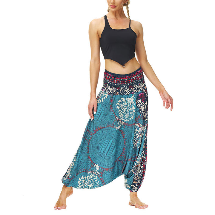 Buddha Stones Boho Lockere Haremshose mit geometrischem Blumenrankenmuster für Damen, Yogahose