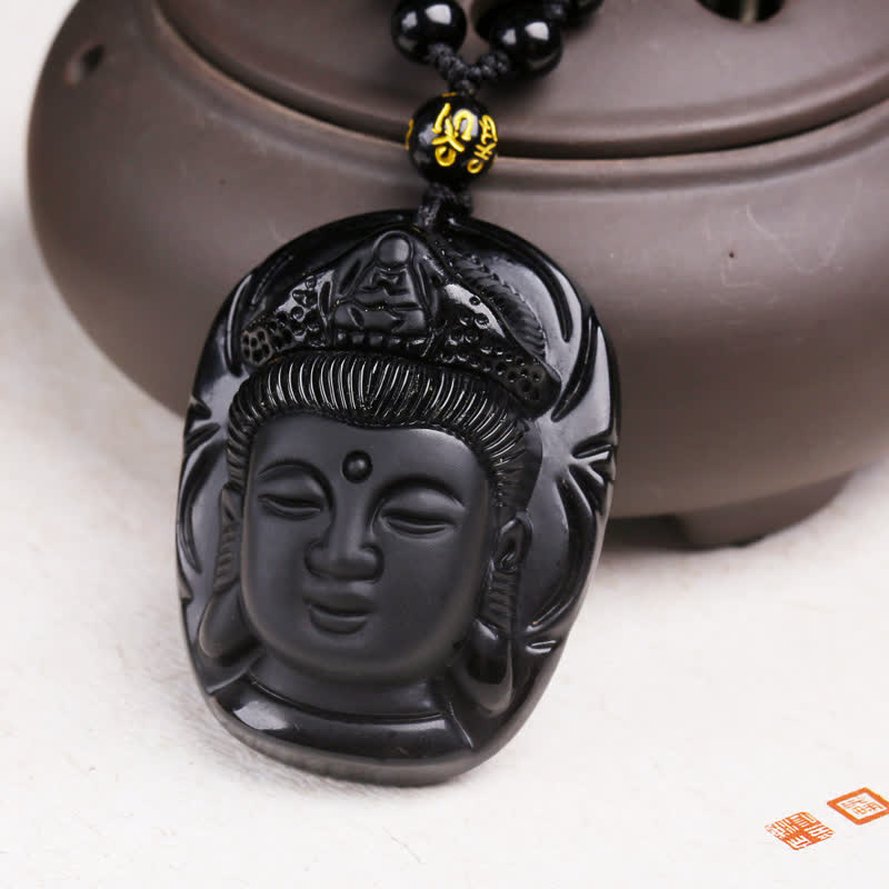 Buddha Stones Natürlicher schwarzer Obsidian Kwan Yin Avalokitesvara Kraftschnur-Halskettenanhänger - image 9