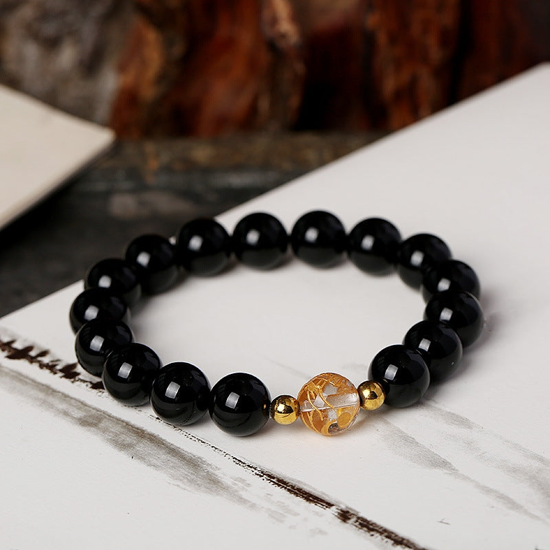 Buddha Stones Armband in Drachenstärke, natürlicher schwarzer Obsidian, Weiß Kristall, schwarzer Onyx