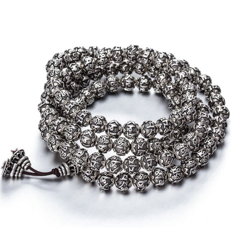 Buddha Stones Tibetisches Om Mani Padme Hum Amulett-Armband mit geschnitzten Legierungsperlen - Antikes Silber - 8 mm * 108 Perlen - image 17
