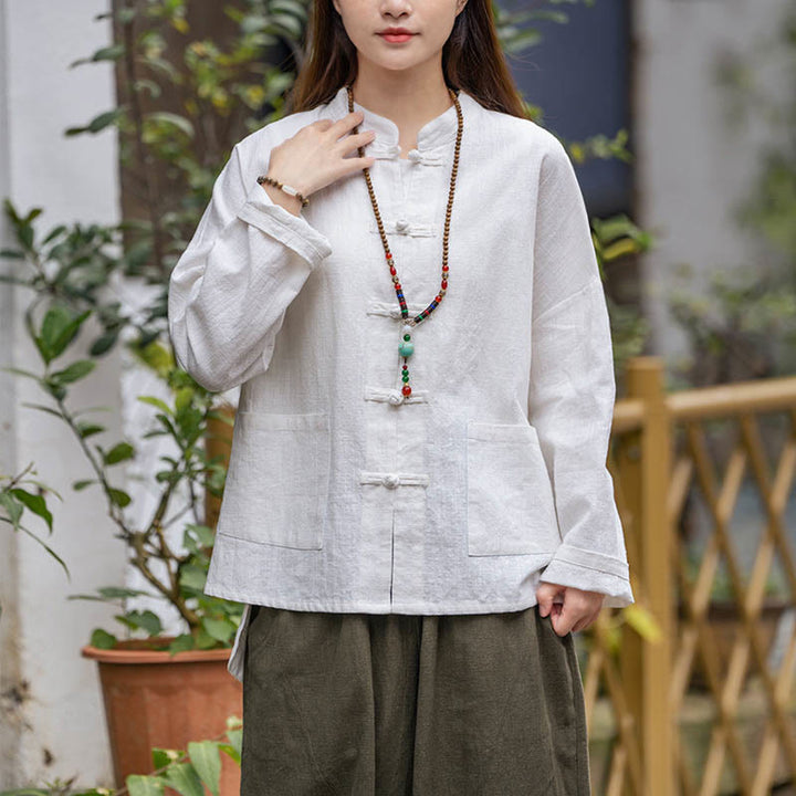 Buddha-Steine Frosch-Knopf-Design Shirt Tai Chi Meditation Top Kleidung Ramie Leinen Jacke