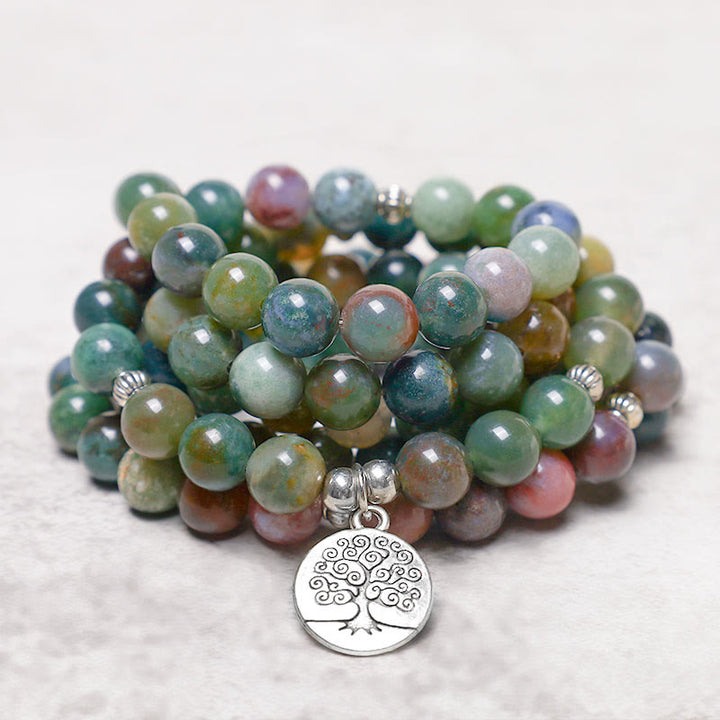 Buddha Stones, 108 Mala-Perlen, indischer Achat, Lotus, OM, Buddha, Baum des Lebens, positives, ruhiges Armband