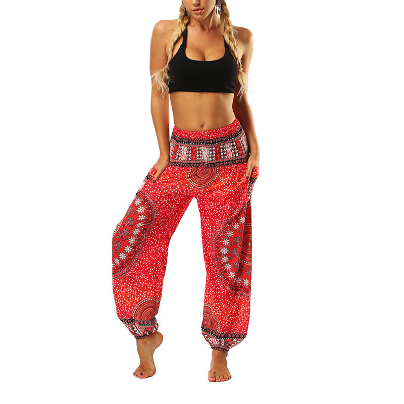 Buddha Stones Boho Lockere Haremshose mit geometrischem Elefantenmuster für Damen, Yogahose