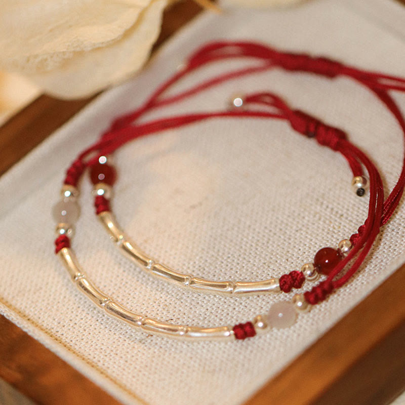 Buddha Stones Armband aus 925er-Sterlingsilber, Bambus, Weiß Achat, roter Achat, Perlenschutz, geflochtenes Armband - image 0