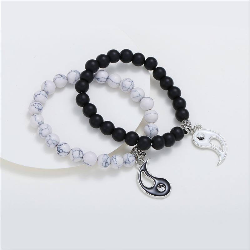 Buddha Stones 2 Stück natürliches schwarzes Onyx- Weiß -Türkis-Perlen-Yin-Yang-Paar-Armband - image 4