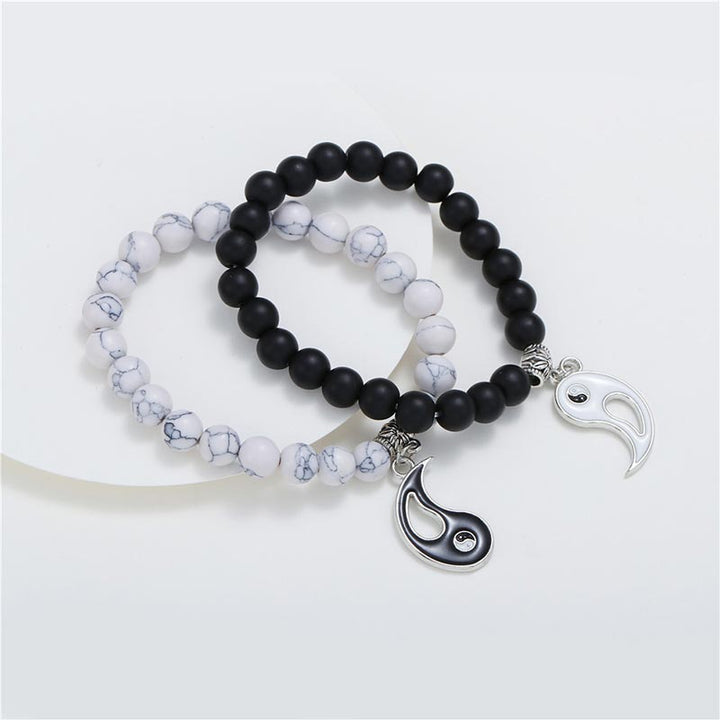 Buddha Stones 2 Stück natürliches schwarzes Onyx- Weiß -Türkis-Perlen-Yin-Yang-Paar-Armband - image 4