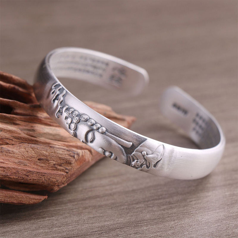 Buddha Stones 999 Sterling Silber Buddha Kopf Herz Sutra Serenity Armband Armreif - Buddha-Symbol (Mitgefühl ♥ Gelassenheit) - image 0