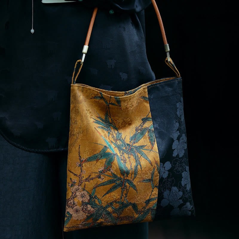 Buddha-Steine, Bambusblätter, Blume, Schmetterling, Kaki, Schultertasche, Handtasche