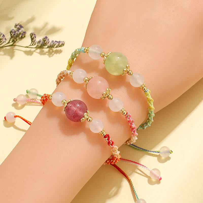 Buddha Stones Armband mit Heilseil, Erdbeerquarz, rosa Kristall, Prehnit , Weiß Achat