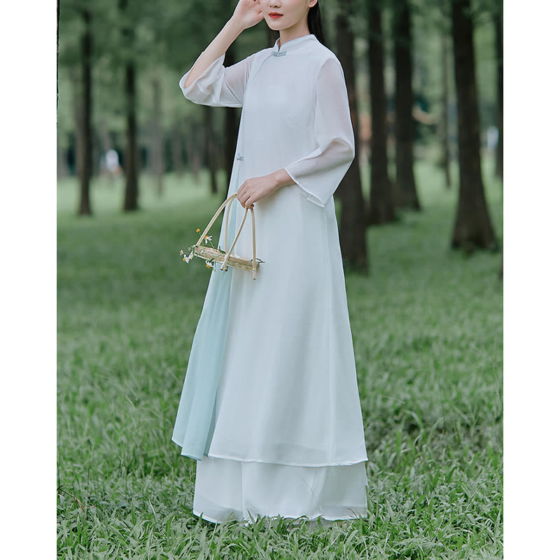 Buddha Stones Dreiviertelärmel Chiffon Cheongsam Midikleid Weite Hose Meditation Zen Praxis Kleidung