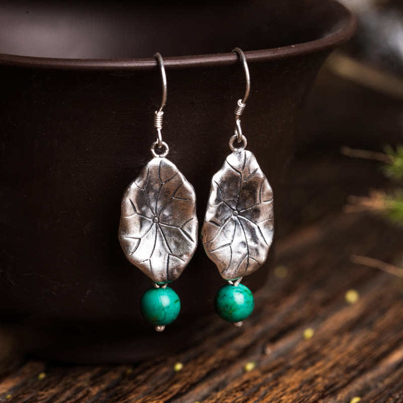 925 Sterling Silber Türkis Lotusblatt Schutz Tropfen Ohrhänger - Türkis & 925er Sterlingsilber - image 0
