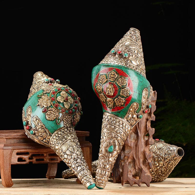 Tibetische handgefertigte gravierte Shankha Doppel-Dorje-Buddha-Muschelmuschel, Reichtum, positive Dekoration - image 1