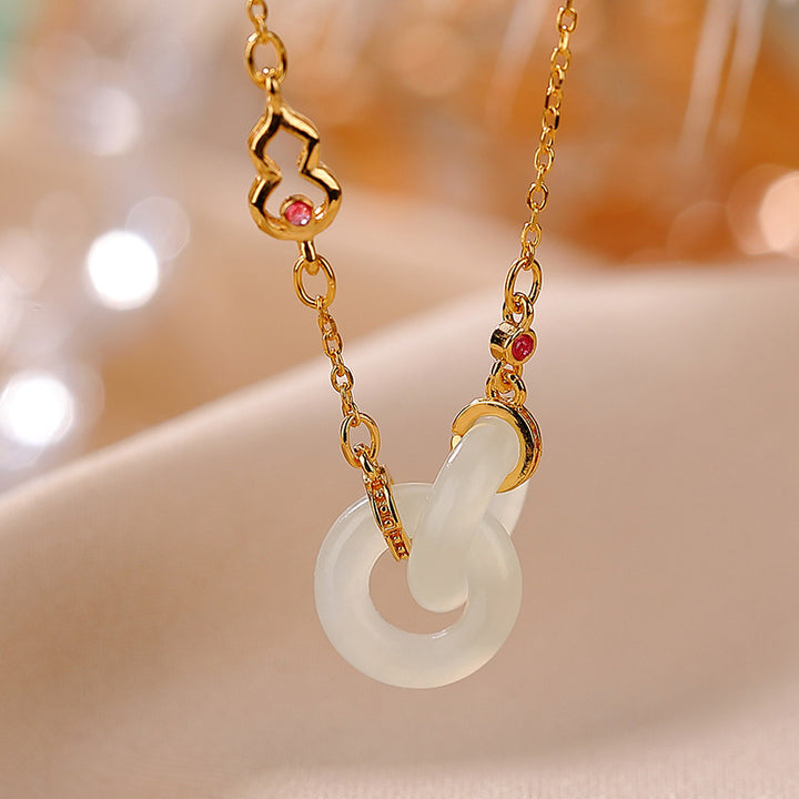 Buddha Stones 925 Sterling Silber Runder Jade Glück Wohlstand Halskette Kettenanhänger - Weißer Jade - Gold - image 0