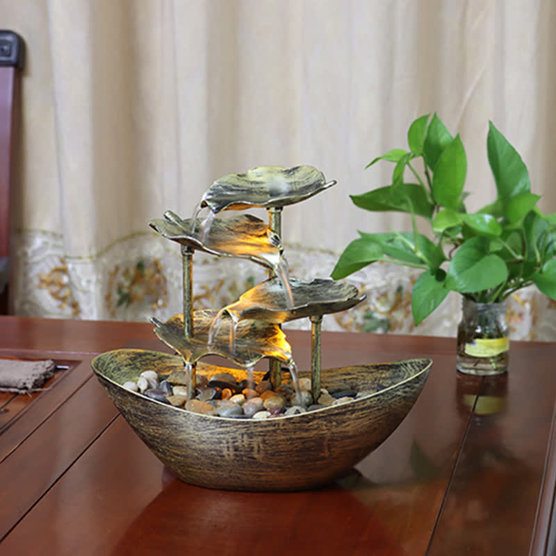 Buddha Stones, Lotusblatt-förmiger Wasserfall-Brunnen, Tischornamente mit LED-Licht, Heimbüro-Desktop-Dekoration