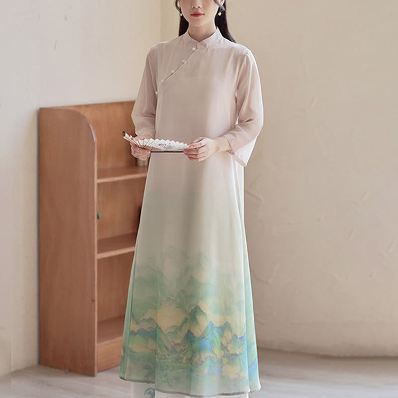 Dreiviertel-Chinesisches Cheongsam-Midikleid mit Buddha-Steine- und Fluss- und Berg-Print