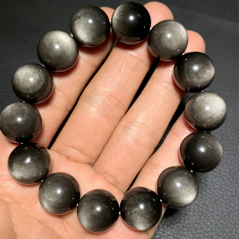 Buddha Stones Natürliches Obsidian-Armband mit silbernem Glanz und beruhigendem Schutz