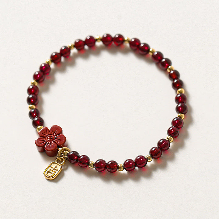 Buddha Stones 14K Gold Natürliches Granat-Zinnober-Blumen-Ruhe-Armband - Granat (ultradünne Perlen) (Handgelenkumfang 13–16 cm) - image 1