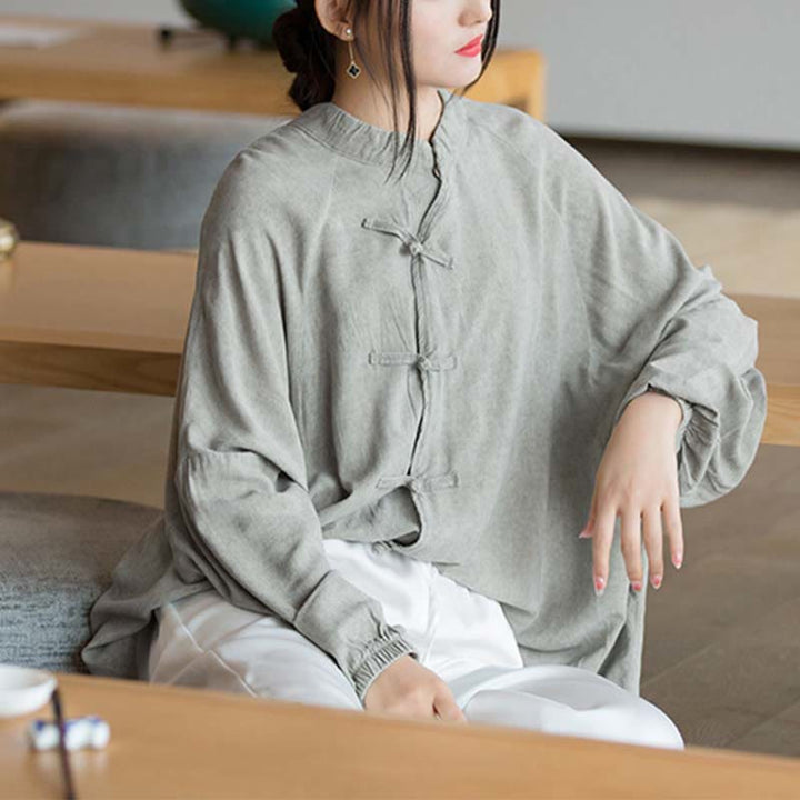 Buddha Stones Frosch-Knopf Langarmshirt Zen Tai Chi Meditation Top Hanfu Kleidung Jacke