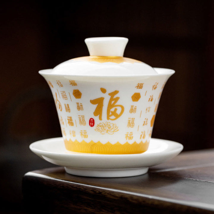 Buddha-Steine, buddhistisches Herz-Sutra, kleine Fu-Figur, Keramik-Gaiwan-Teetasse, Kung-Fu-Teetasse und Untertasse mit Deckel