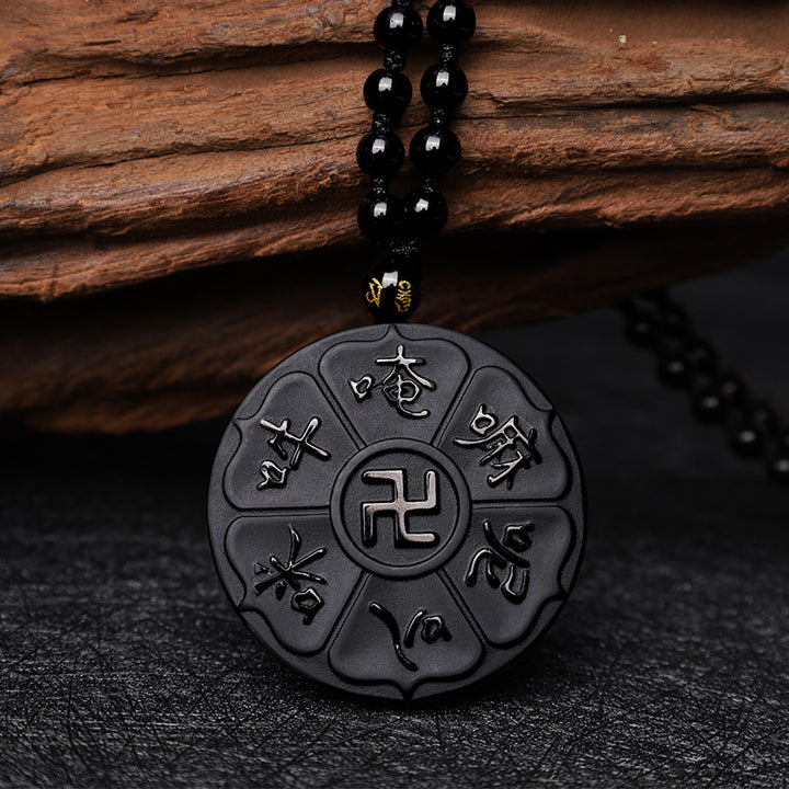 Buddha Stones Halskette, natürlicher schwarzer Obsidian, tibetisches Om Mani Padme Hum Buddha Hakenkreuz, Glück