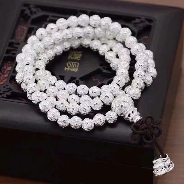 Buddha Stones Tibetisches Om Mani Padme Hum Amulett-Armband mit geschnitzten Legierungsperlen - Silber - 8 mm * 108 Perlen - image 19