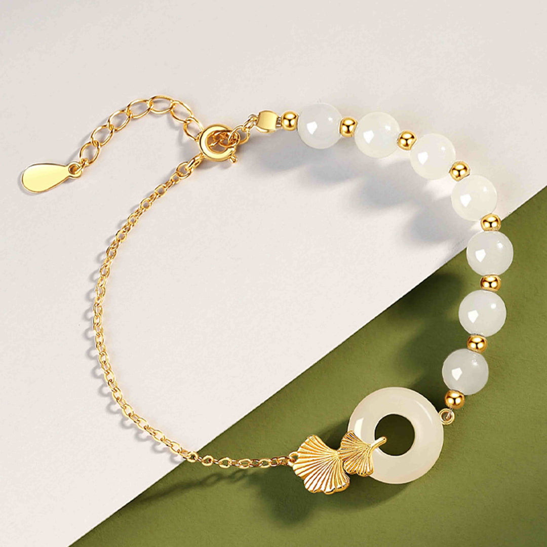 Buddha Stones 925 Sterling Silber Hetian Weiß Jade Friedensschnalle Ginkgoblatt Glücksarmband - image 6