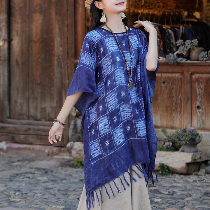 Buddha Stones Blau Farbblock Plaid Schal Quasten Weicher Pullover 90*95cm