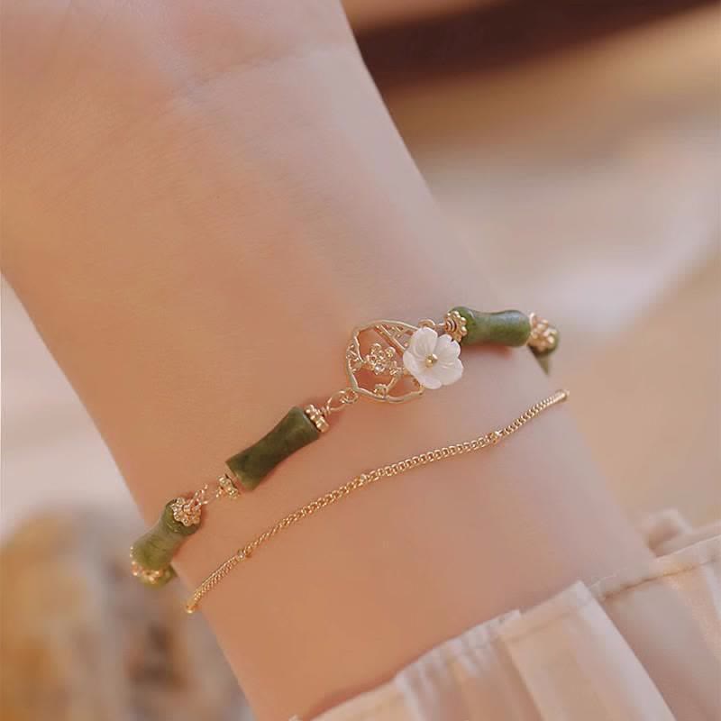 Buddha Stones 14 Karat vergoldetes Kupfer-Peridot-Bambus-Blumen-Reichtums-Doppelschicht-Armband