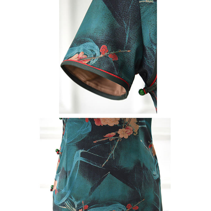 Buddha Stones Vintage Rosa Blumen Print Cheongsam Kleid Damen Qipao Kleid - image 9