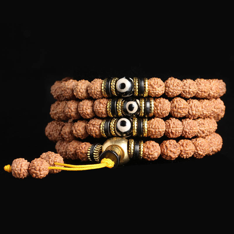 Buddha Stones Rudraksha Bodhi Seed Dzi Bead Luck Wealth Armband 108 Mala Beads