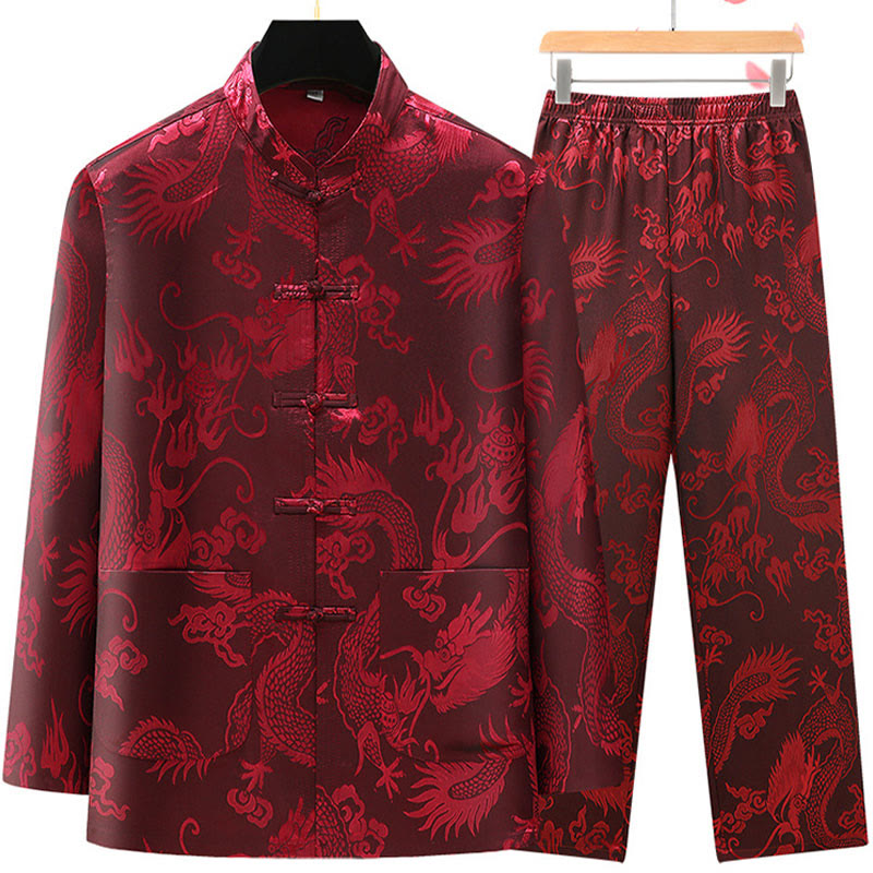 Buddha Stones Tang Anzug Männer Hanfu Chinesischer Drache Traditionelle Kleidung Kung Fu Hemd Uniform Langärmeliger Mantel Tops und Hosen Kleidung Herren Set