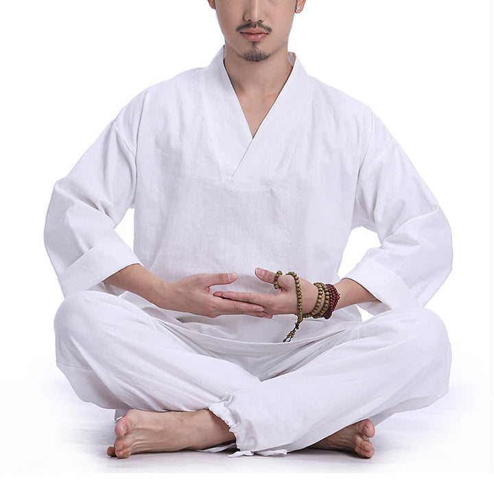 Buddha Stones, Meditation, Gebet, V-Ausschnitt, Design, Baumwollleinen, spirituelle Zen-Praxis, Yoga-Kleidung, Herren-Set - Weiß - US/UK/AU44, EU54 (3XL) - image 14