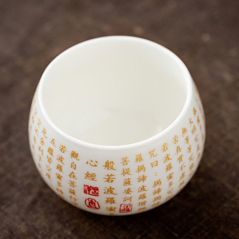 Buddha-Steine, buddhistisches Herz-Sutra, kleine Fu-Figur, Keramik-Gaiwan-Teetasse, Kung-Fu-Teetasse und Untertasse mit Deckel