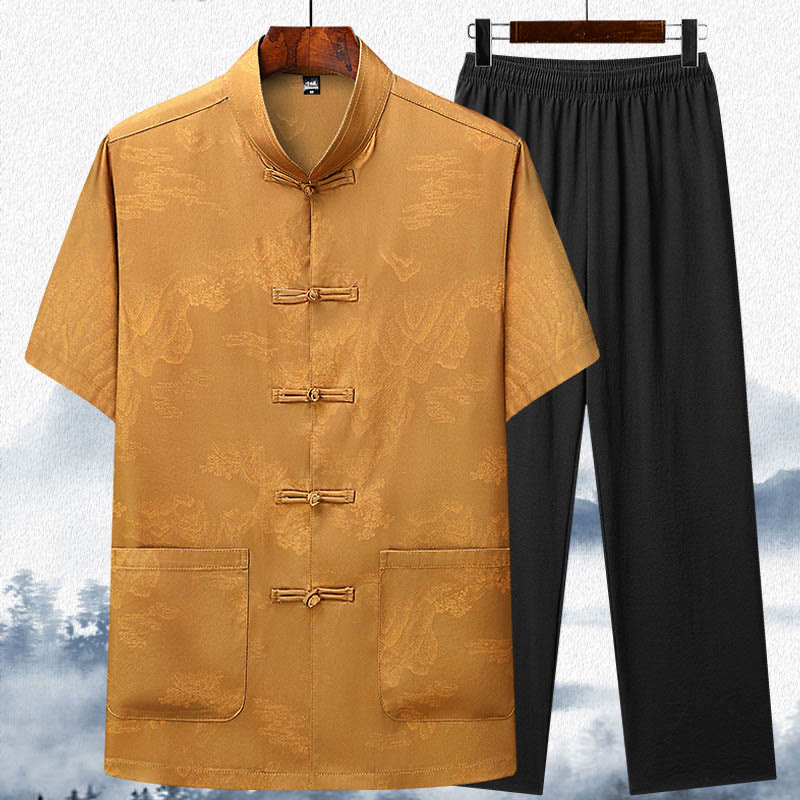 Buddha Steine Berge Bäume Tang Anzug Hanfu Traditionelle Uniform Kurzarm Top Hosen Kleidung Herren Set