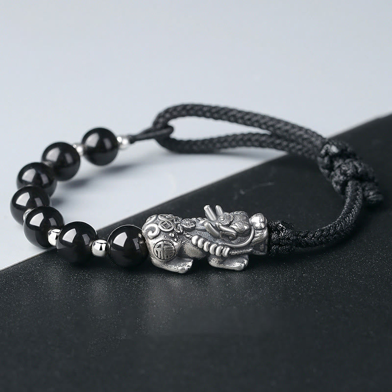 Buddha Stones 999 Sterling Silber FengShui PiXiu Natürlicher schwarzer Obsidian 925 Sterling Silber Bead Strength Armband - PiXiu & Schwarzer Obsidian - image 0