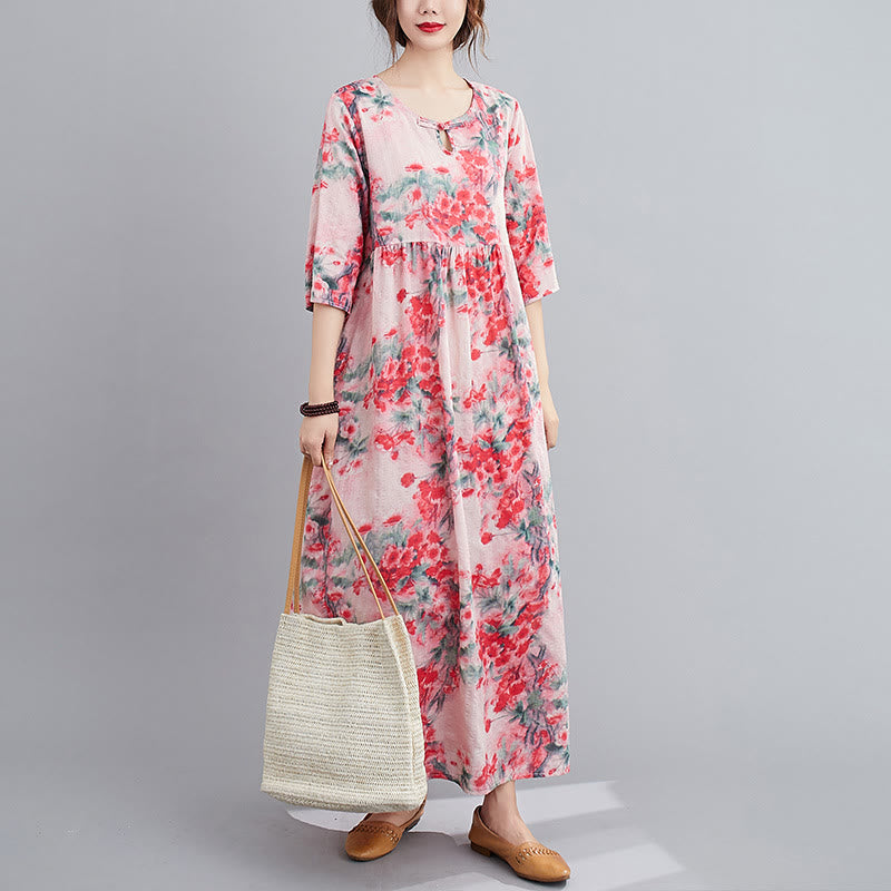 Midikleid mit Buddha-Steinen und Blumen-Print, Tunikakleid aus Baumwolle und Leinen mit Taschen