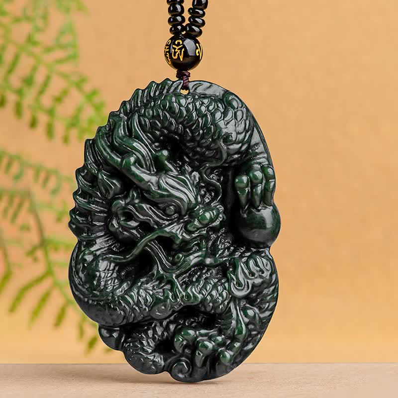 Buddha Stones Hetian Cyan Jade Dragon Success Harmony Halskette Perlenschnur Anhänger - image 2
